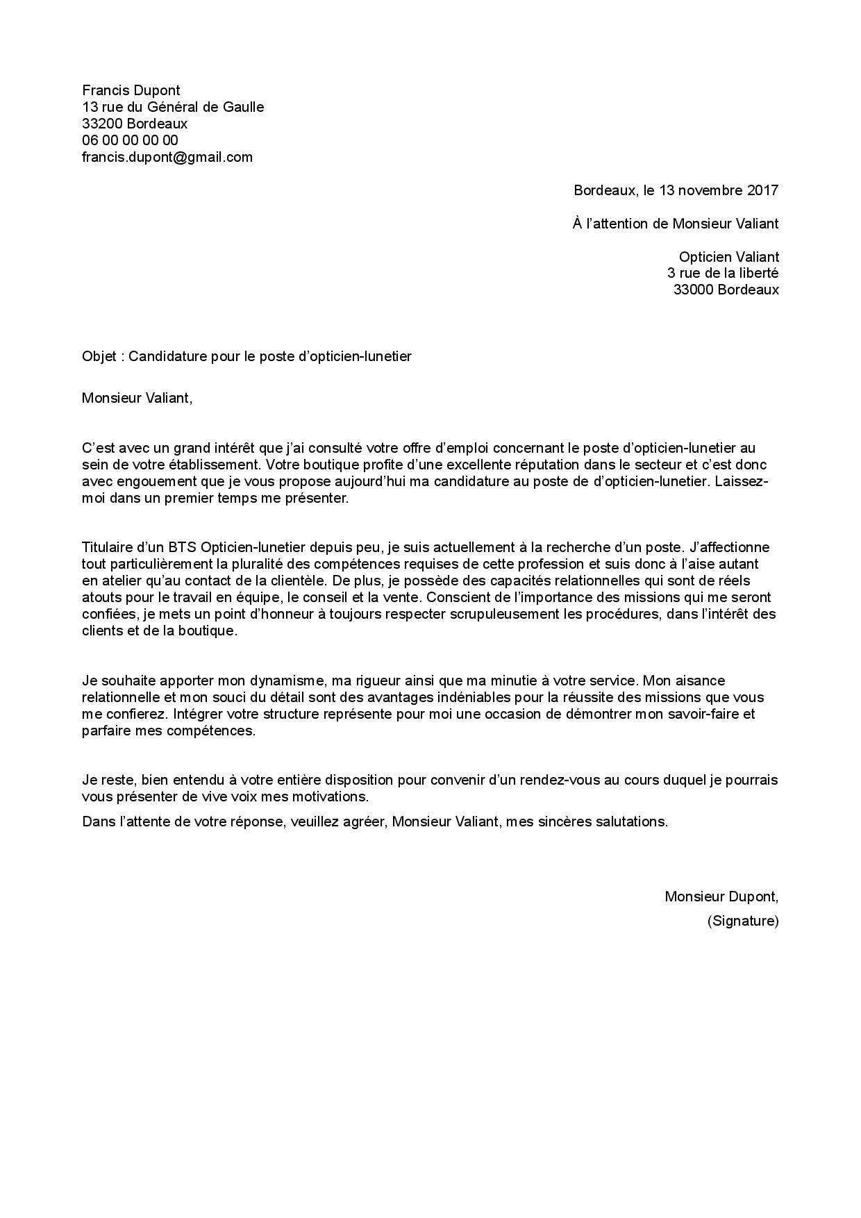 Lettre de motivation opticien(ne)-lunetier(i&egrave;re) doc
